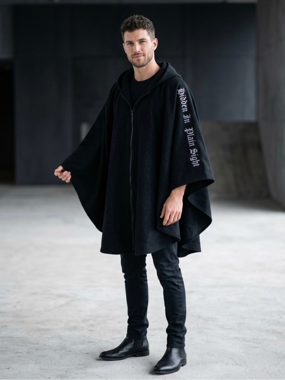 Cloak Hidden in Plain Sight Double Zip Up Black Cape Logo OS